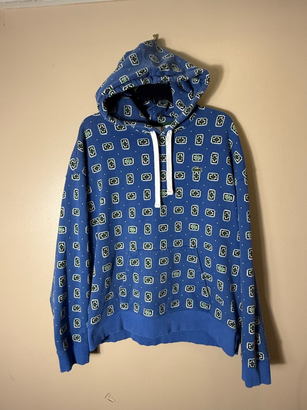 Lacoste L!VE Hoodie XL Blue All Over Print Loose Fit Streetwear Y2K